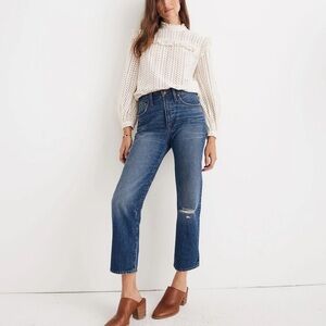 Madewell Petite Classic Straight Leg Jeans Jade Wash Knee-Rip Edition size 26